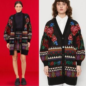 FARM Rio Floral Tapestry Long Cardigan Sweater Oversized Medium Wool Blend